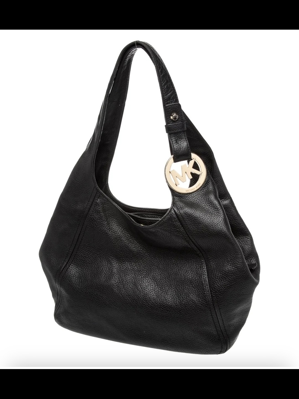 Michael Kors FULTON Black Pebbled Leather Shoulder Hobo with Gold Logo Charm - Picture 2 of 7